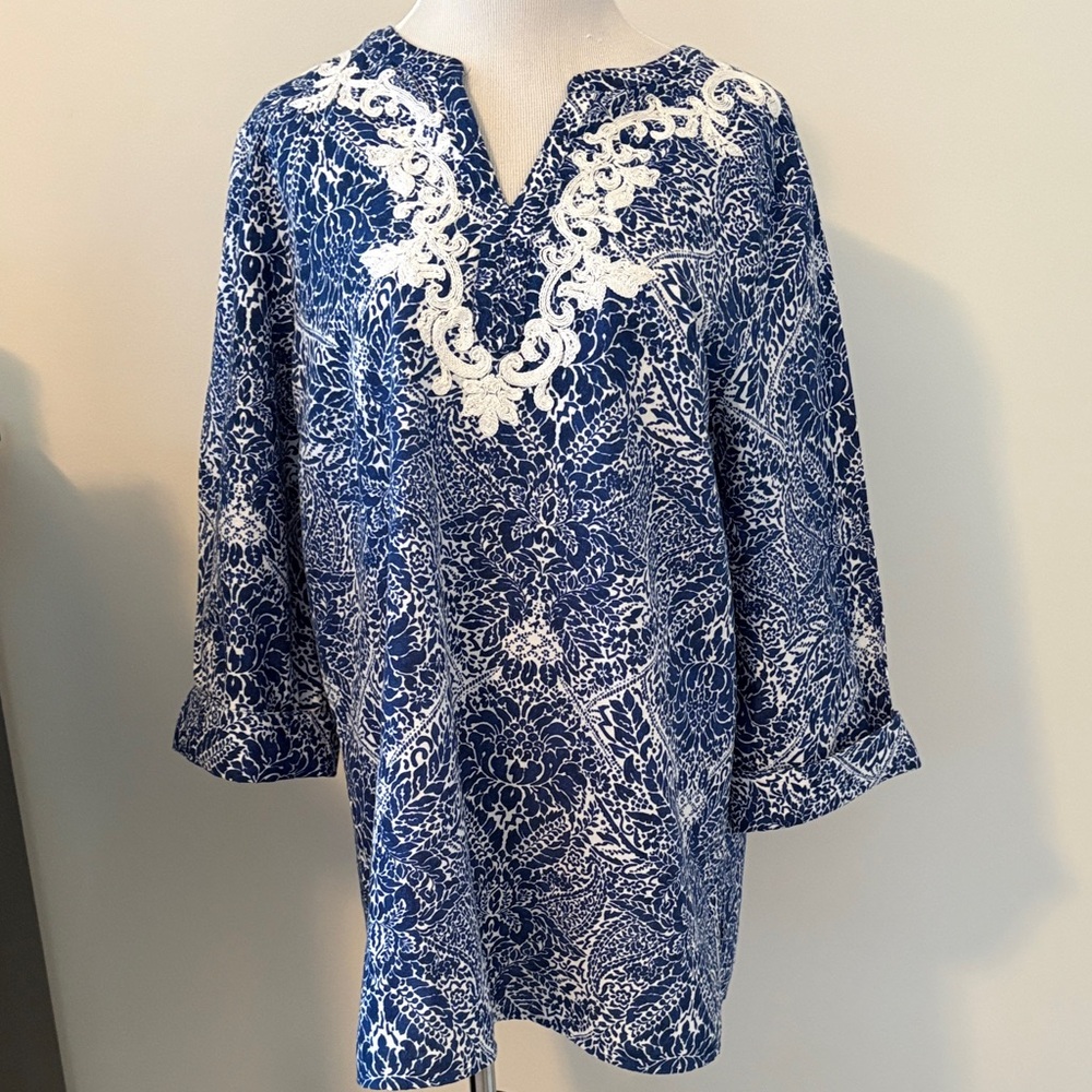 Chico's Blue and White Floral Tunic with Embroidered V-Neck